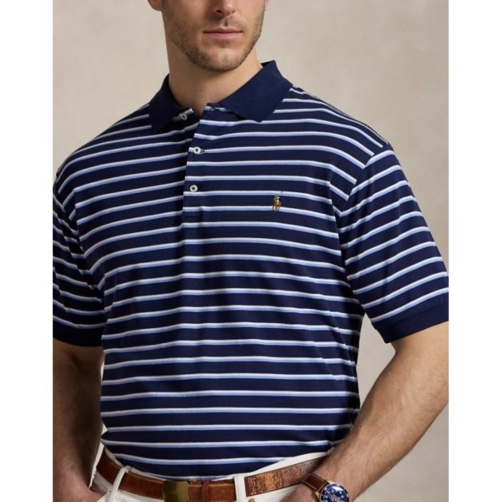 Polo Ralph Lauren Mens Classic Fit Striped Polo Shirt Navy Blue White Size L